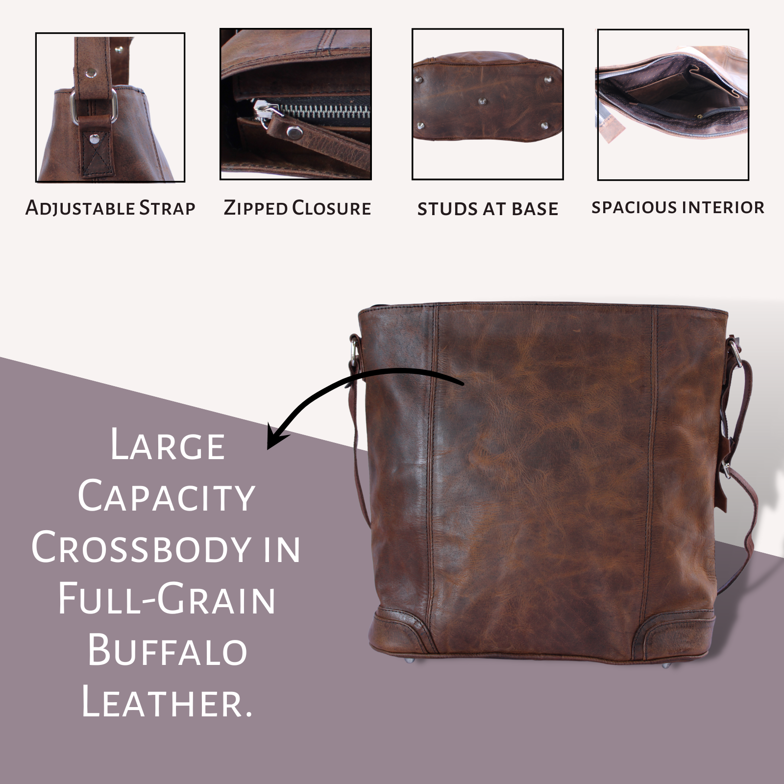  Women's Crossbody Bag Buffalo Leather Shoulder Handbag Large Capacity Hobo Purse